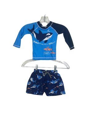 Shark Print Rash‎ Guard Swim Shorts Set Boys 2XS Blue New Swim Pool Summer